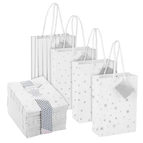 24 Pack Small White Paper Gift Bags with Handles and Tags for Small Business, 4 Silver Foil Designs (7.9 x 5.5 x 2.5 In)