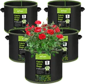 5-Pack 5 Gallon Grow Bags Heavy Duty 300G Thickened Nonwoven Plant Fabric Pots with Handles Bn-link