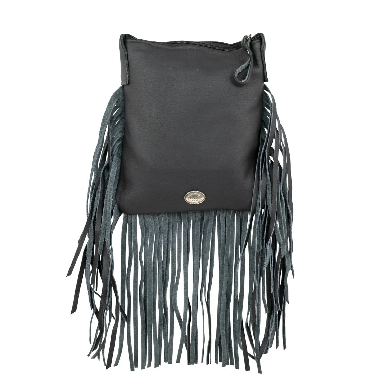 American West Womens Fringed Cowgirl 8in Black Leather Crossbody Bag