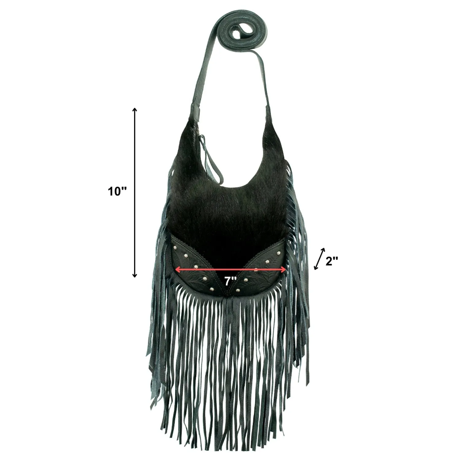 American West Womens Fringed Cowgirl Hobo Black Hair-On Leather Crossbody Bag