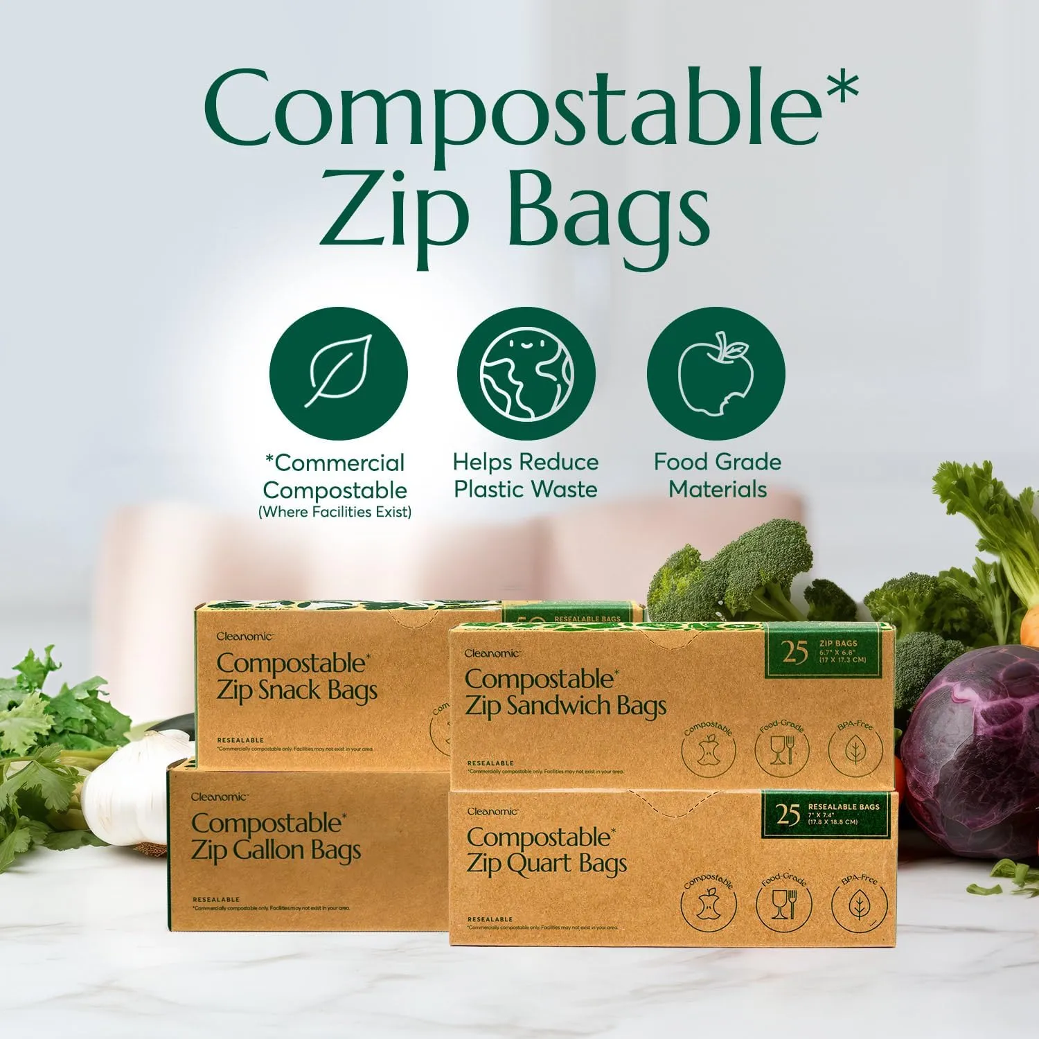 Compostable Food Storage Bag Bundle, Gallon, Quart, Sandwich and Snack Sizes