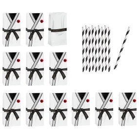 Karate Party Supplies - Treat Bags with Striped Paper Straws for 12 Guests