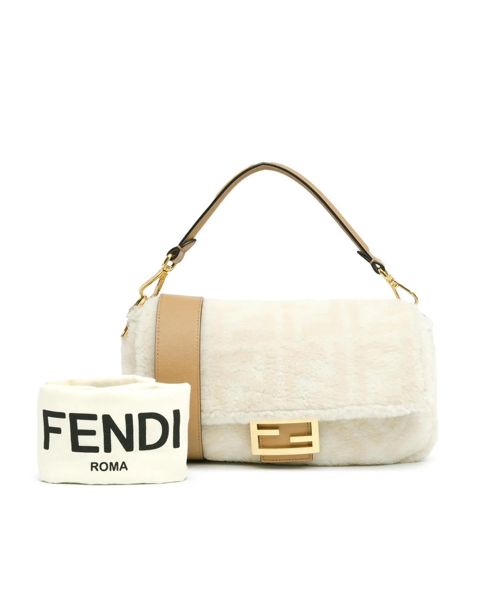 Shearling Fur Baguette Satchel with Leather Handle and Detachable Strap