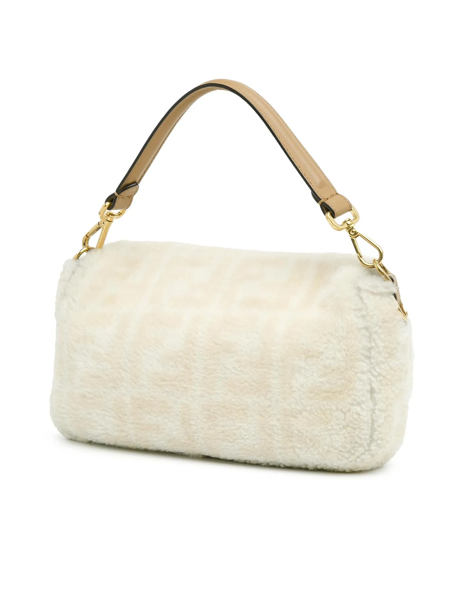 Shearling Fur Baguette Satchel with Leather Handle and Detachable Strap